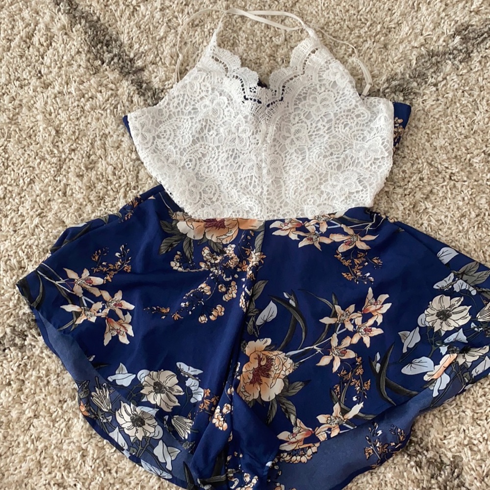 Lace and crochet open back romper